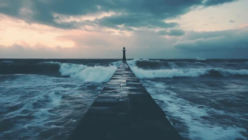 Storm-lashed pier converges on distant lighthouse at dusk