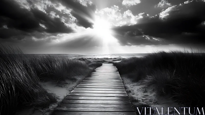 Monochrome littoral boardwalk under dramatic volumetric skylight.