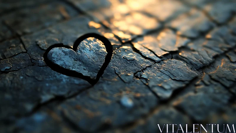 Heart-shaped carving on cracked, weathered wood surface