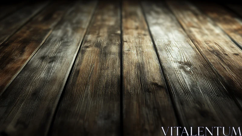 Close-up view of rustic wooden floorboards in low light.
