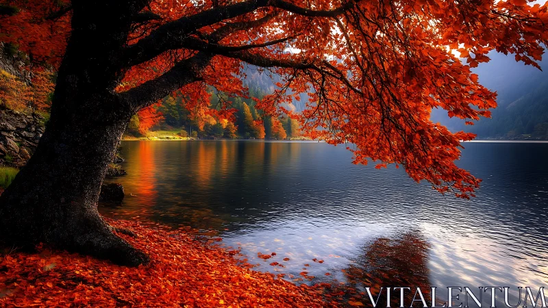 Lakeside deciduous tree overhangs calm water in autumn