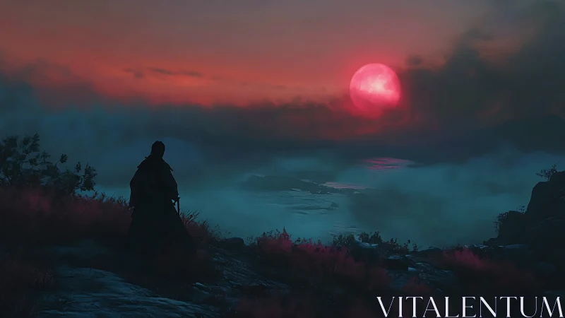 Crimson moonrise welcomes a lone wanderer above misty waters