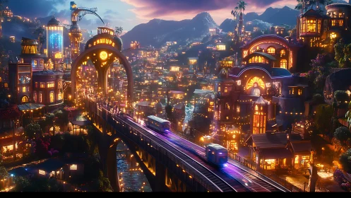 Luminous hillside cityscape with elevated railway at dusk.