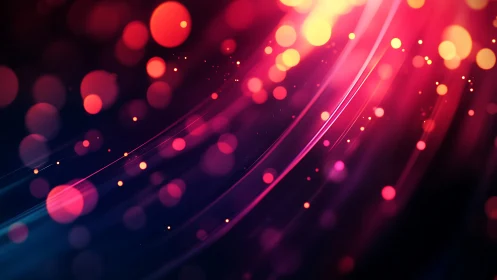 Abstract light streaks with bokeh circles on dark background.