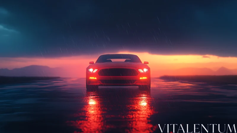 Sporty red car glows against a stormy sunset highway drive.