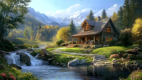 Log cabin by forest stream with distant snow mountains.