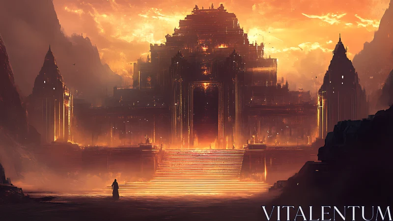 Volcanic megastructure temple under incandescent skyscape.