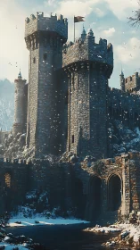 Snowlit medieval fortress tower above frozen river scene.