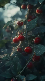 Sunlit cherry tomatoes glisten on dewy garden vines.
