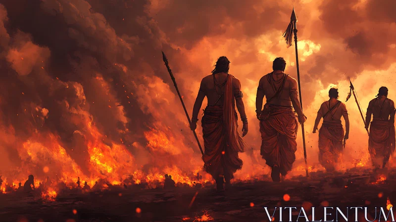 Warriors stride through inferno under storm-wracked skies.