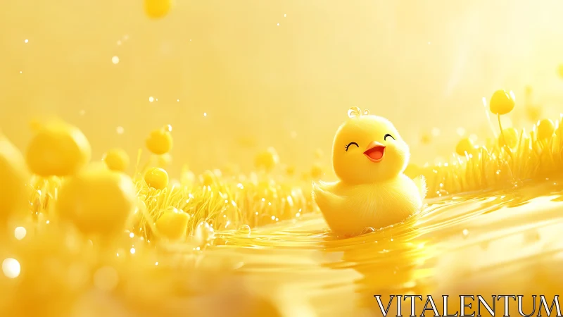 Joyful yellow duckling in glowing golden water meadow.