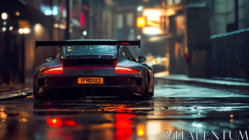 Rain-soaked GT sports car rendered in cinematic photorealism