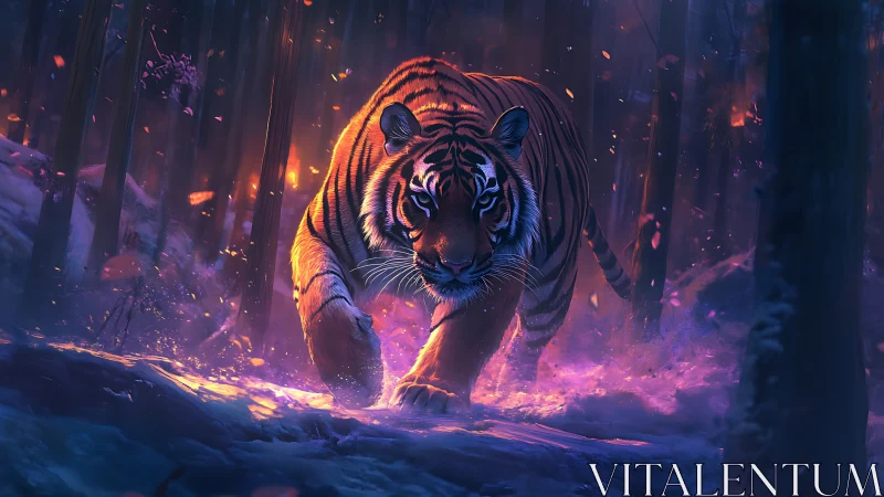 Tiger moving through snowy forest under neon light glow.
