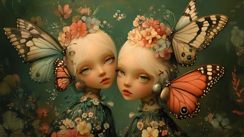 Twin doll-like girls pose with oversized butterflies in bloom