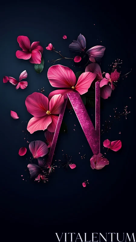 Letter N rendered in pink glitter with layered floral forms