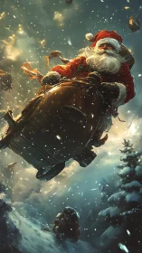 Dynamic winter Santa rocket ride through swirling blizzard.
