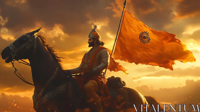Warrior on armored horse carries orange flag at sunset