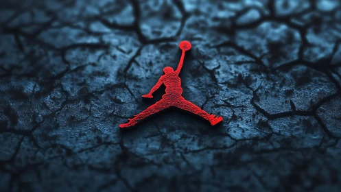 Red basketball jumper silhouette on cracked blue ground.