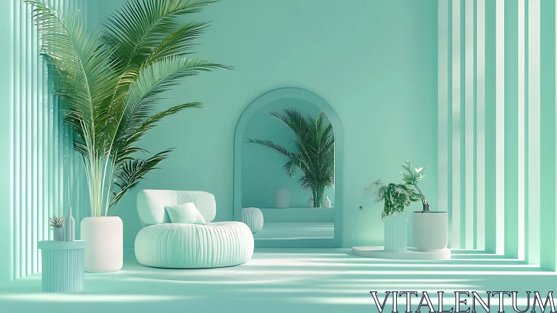Minimal mint lounge with plants and curved mirror wall.