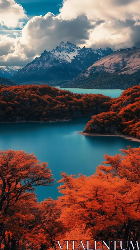 Mountain lake landscape presents altered foliage color palette