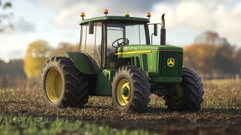 High-detail green farm tractor in harvested field at dusk