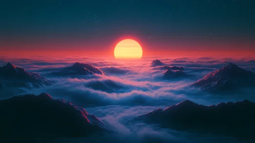 Neon sun rises over dreamlike cloud seas and lonely peaks.