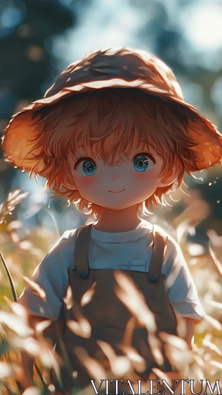 Sunlit child in straw hat wandering through gentle meadow.