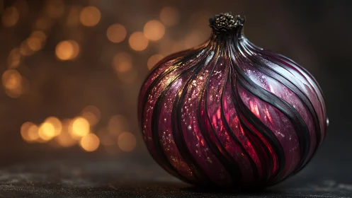 Glass onion ornament with luminous magenta swirled ribs.