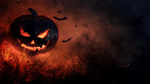 Flaming jack o lantern dominates dark haunted night sky.