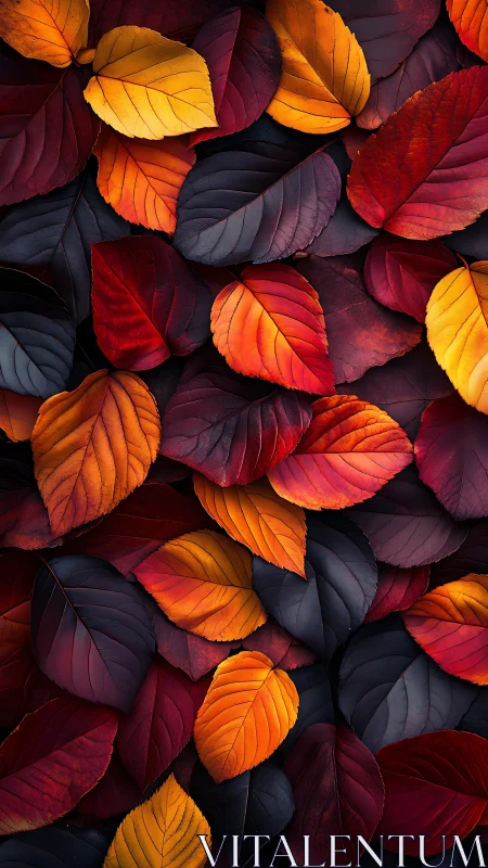 Layered autumn leaves in vivid red, orange and gold pattern.