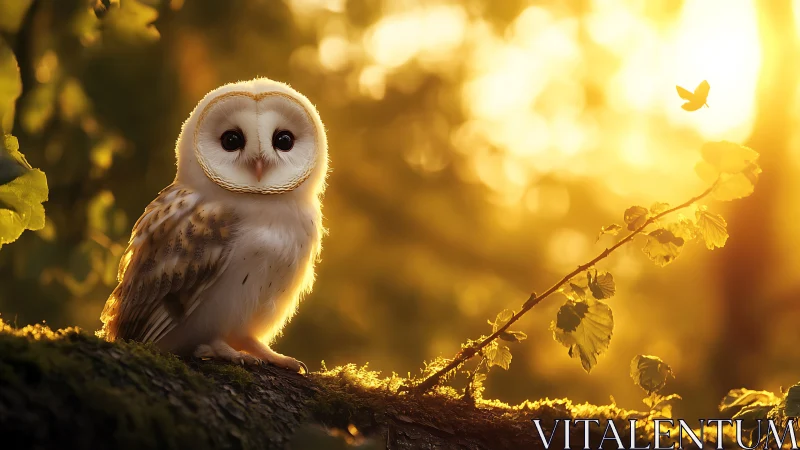 Barn owl perched on mossy branch at golden sunset, soft focus.