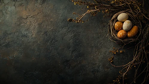 Textured dark ground with styled egg nest in directional light.