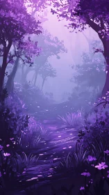 Enchanted Purple Forest with Misty Stream and Glowing Blooms