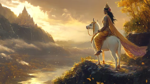 Golden-lit warrior on white horse gazes toward mythic citadel