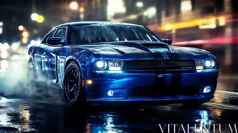 Blue muscle car on wet city street at night in motion.