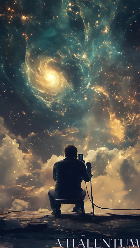 Man watches swirling galaxy from cloud edge platform.