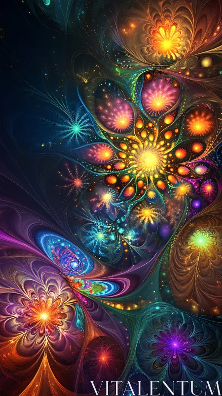 Radially symmetric fractal blooms with multicolor luminous gradients
