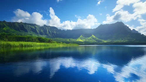 Verdant mountain ridge mirrored in luminous blue lake.