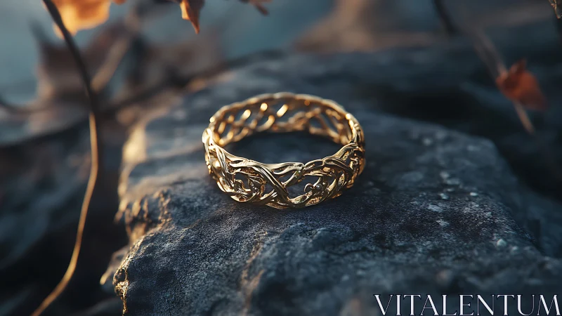 Intricate gold ring resting on textured outdoor stone surface.