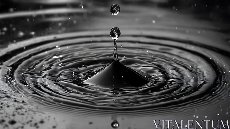 Monochrome water droplet forming concentric ripple rings.