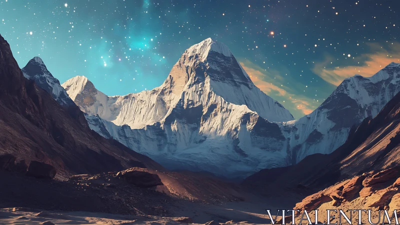 Starlit alpine colossus crowned by aurora-kissed skies.