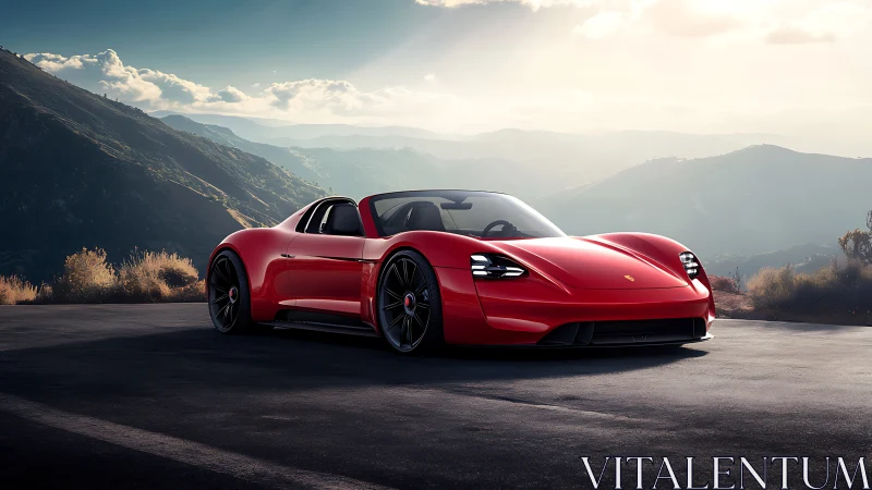Low-slung red electric roadster framed by sunlit mountain pass.