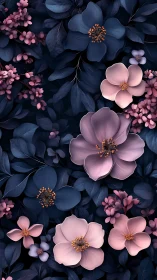 Floral arrangement with navy and pink flowers against dark foliage