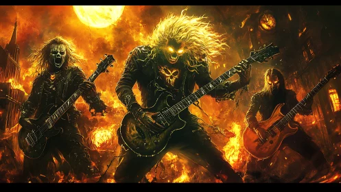 Infernal metal trio shredding under a burning moonlit sky.