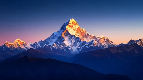Snowy mountain peak at sunrise above shadowed ridges.