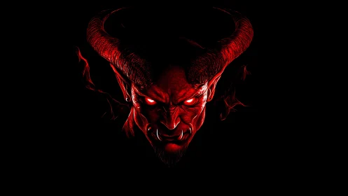 Demonic horned visage in red light over black void.