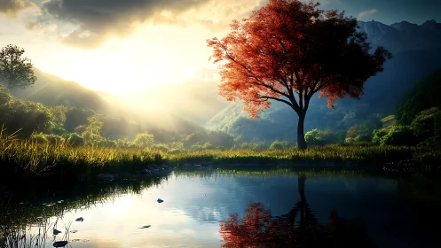 Radiant red tree beside mirror lake in volumetric dawn light.