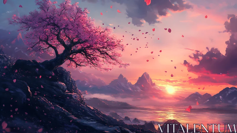 Blossom-laden cliff tree greeting a dream-lit mountain dawn.