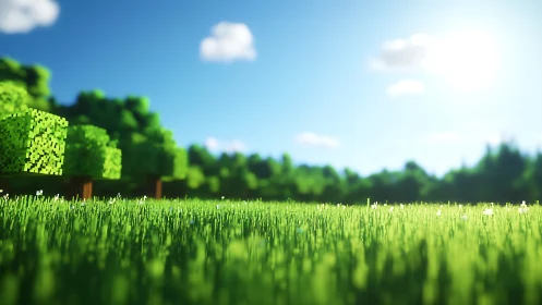 Voxel grass field with block trees under clear daylight.