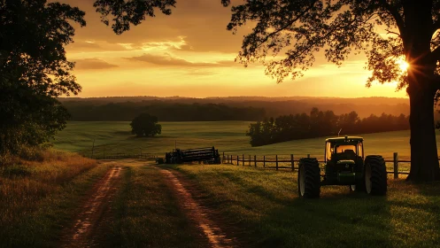 Rural farm landscape with tractor at golden sunset horizon.
